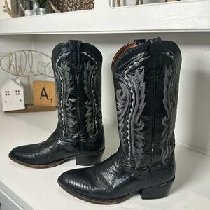 Dan Post Black Western Boots Mens 7.5 Women 9 Lizard Print Leather Cowboy Stitch